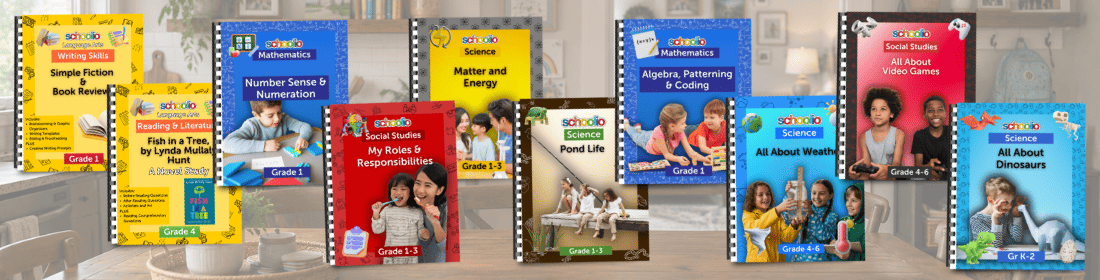 Collection of Schoolio curriculum workbooks covering Language Arts, Math, Science, and Social Studies
