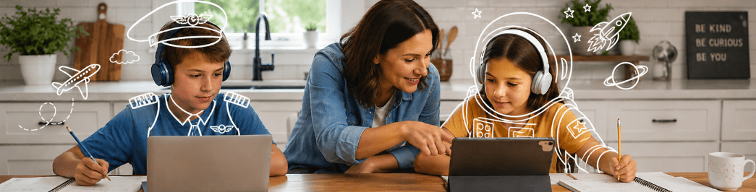 A mom helping two kids learn online with laptops and tablets at the kitchen table